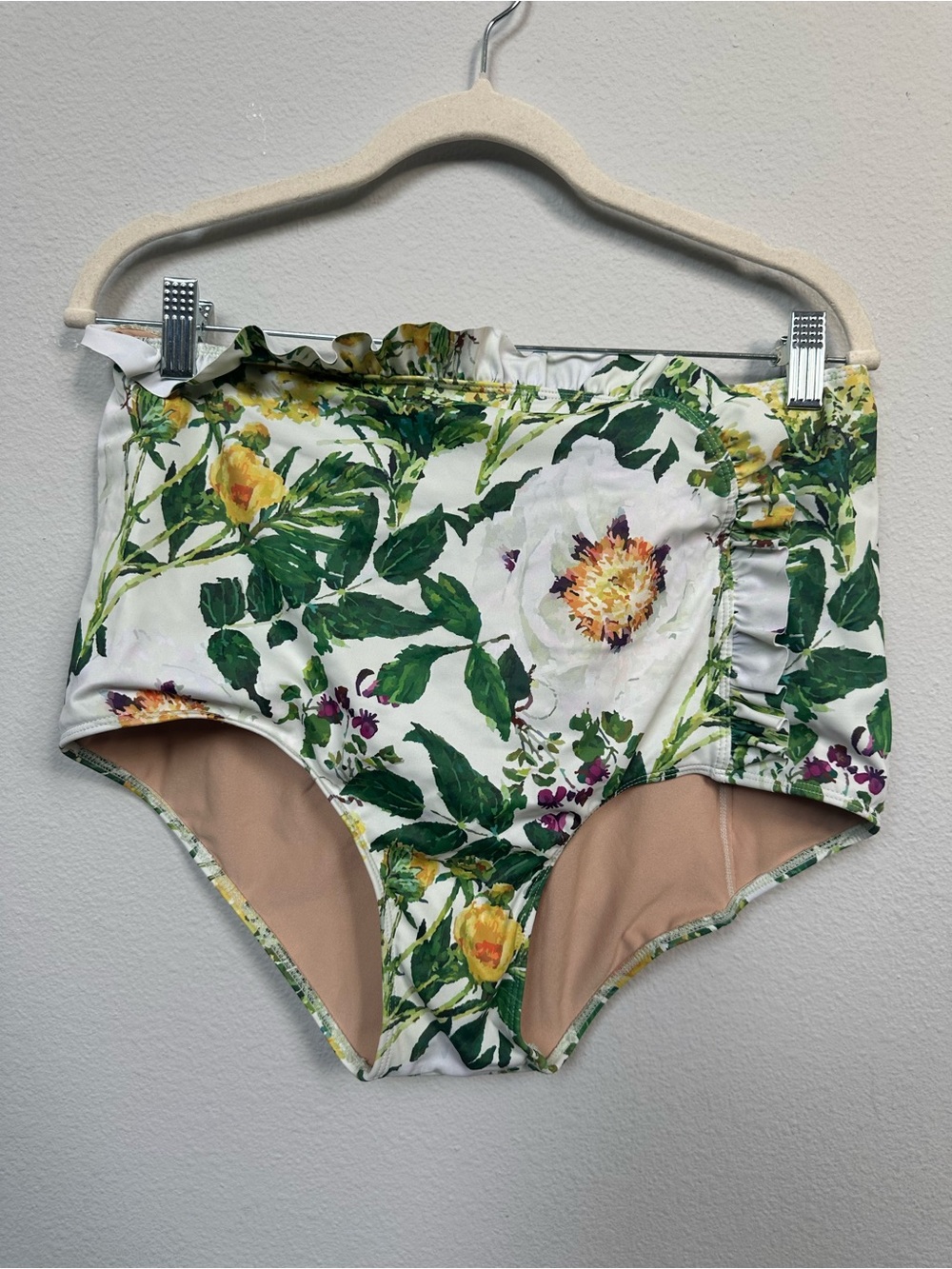 Kortni Jeane White Floral High-Waist Swim Bottoms with Green Leaves